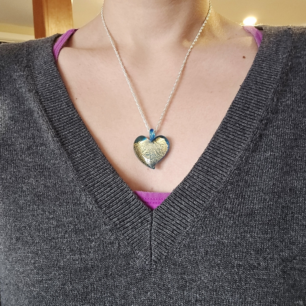 Vintage Murano Glass Blue & Gold Heart Boho Bohemian Eclectic Necklace